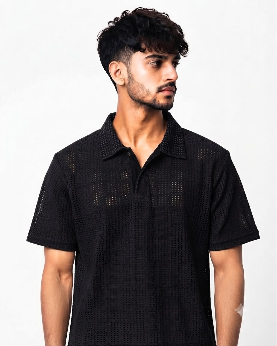 Black Textured Knit Polo Shirt