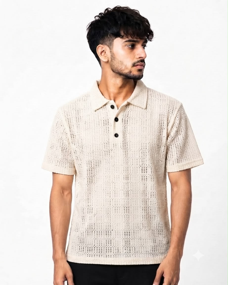 Off-White Textured Knit Polo Shirt