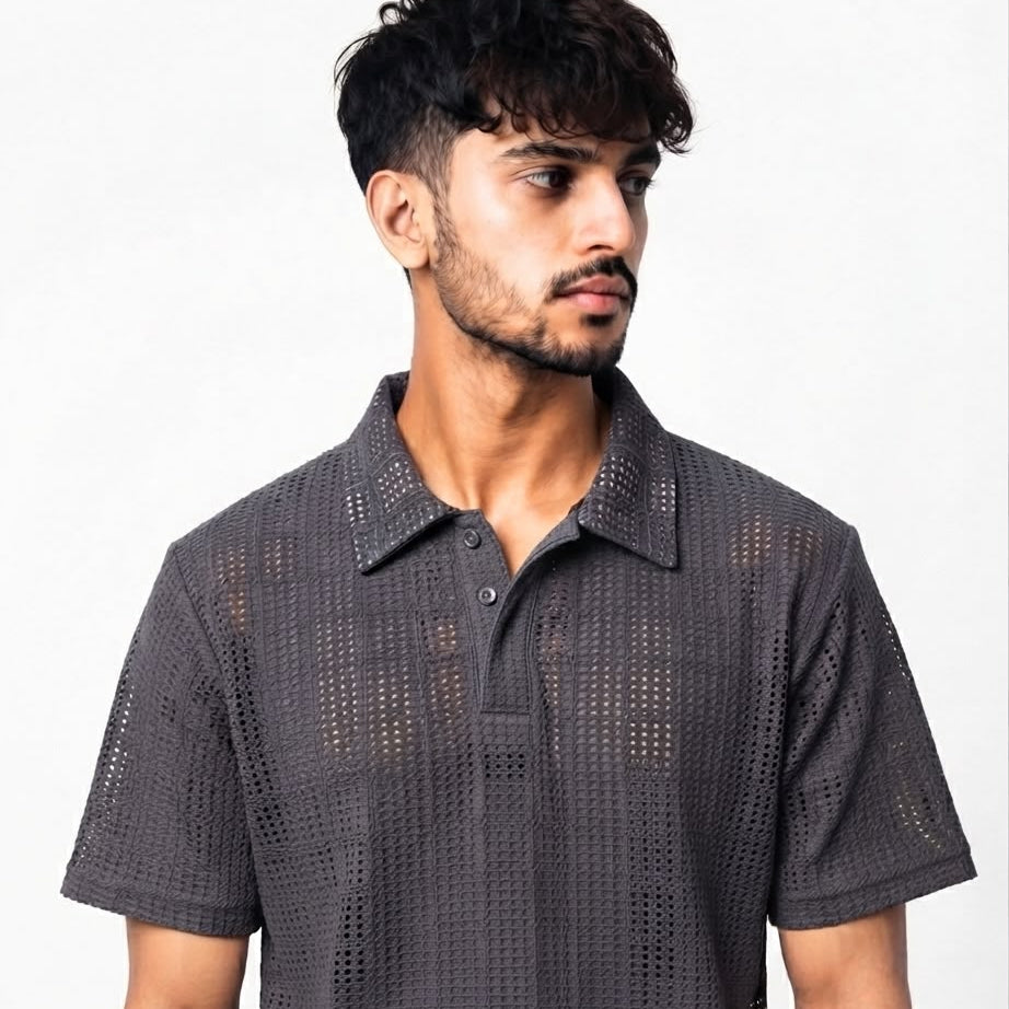 Charcoal Grey Textured Knit Polo Shirt